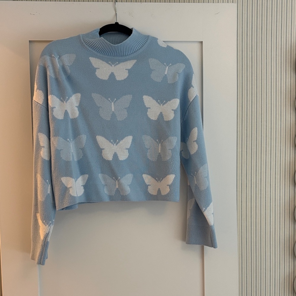 H&M Blue and White Butterfly Sweater